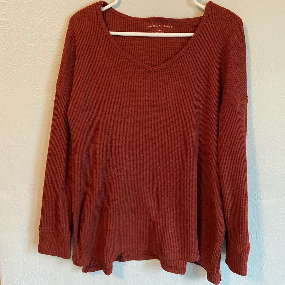 American Eagle red fleece-like long sleeve tee with v-neck